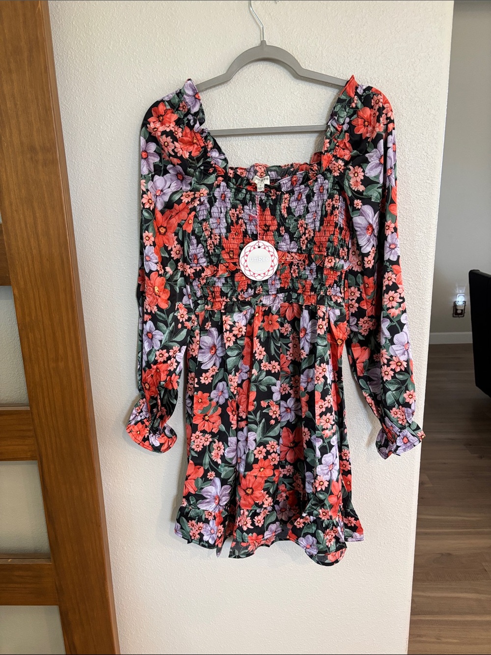 Umgee Black Floral Smocked Long Sleeve Mini Dress with Red & Lavender Flowers